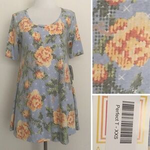 NWT Lularoe Perfect T XXS blue floral cross-stitch yellow rose swing top cottage